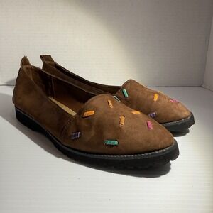 Vintage ART EFFECTS Shoes Women's Sz 7.5M Brown Leather Slip-On Embroidered